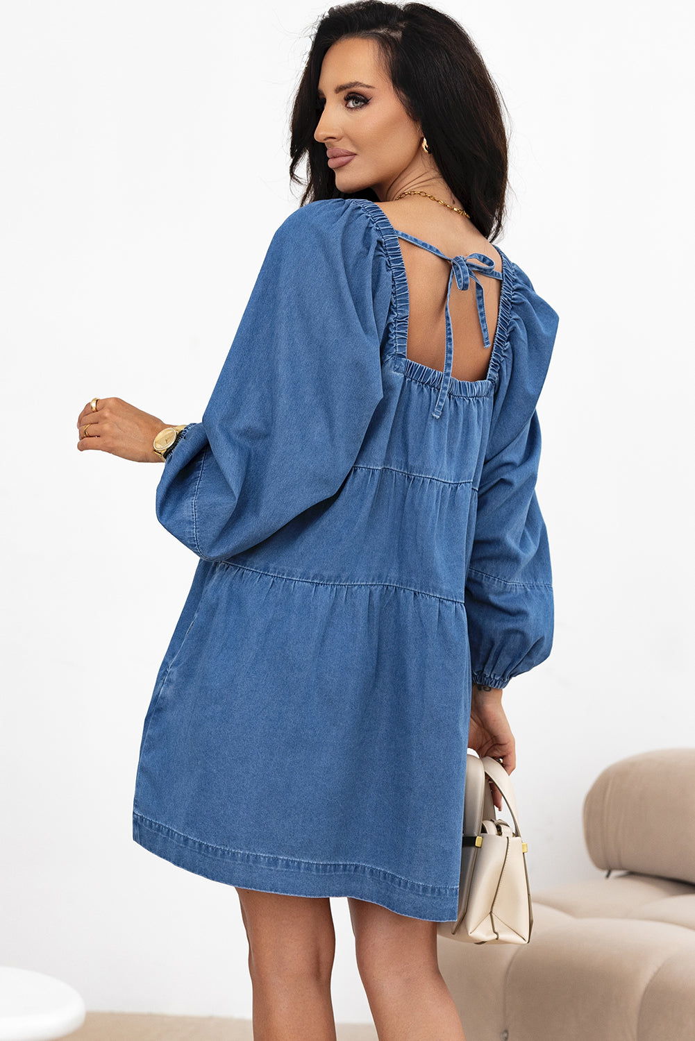 Dusk Blue Square Neck Side Pockets Loose Fit Denim Mini Dress