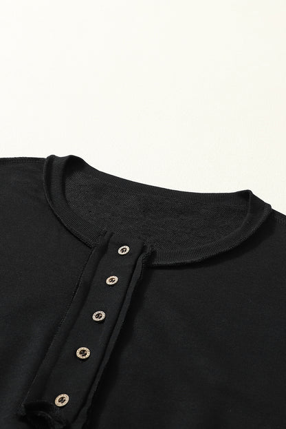 Black Slouchy Drop Shoulder Henley Sweatshirt