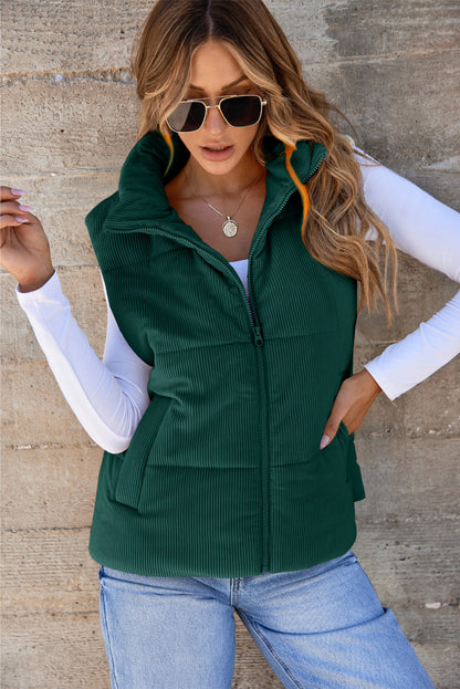 Jungle Green Solid Color Corduroy Puffer Vest Coat