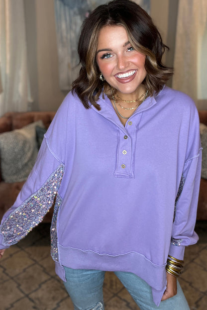 Lilac Sequin Patchwork Henley Sweatshirt