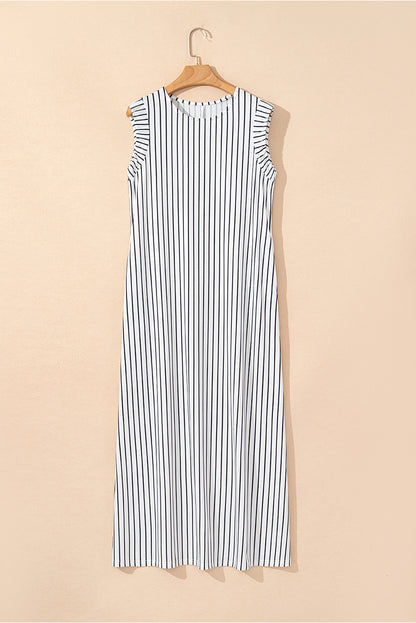 Black White Striped Round Neck Maxi Vest Dress