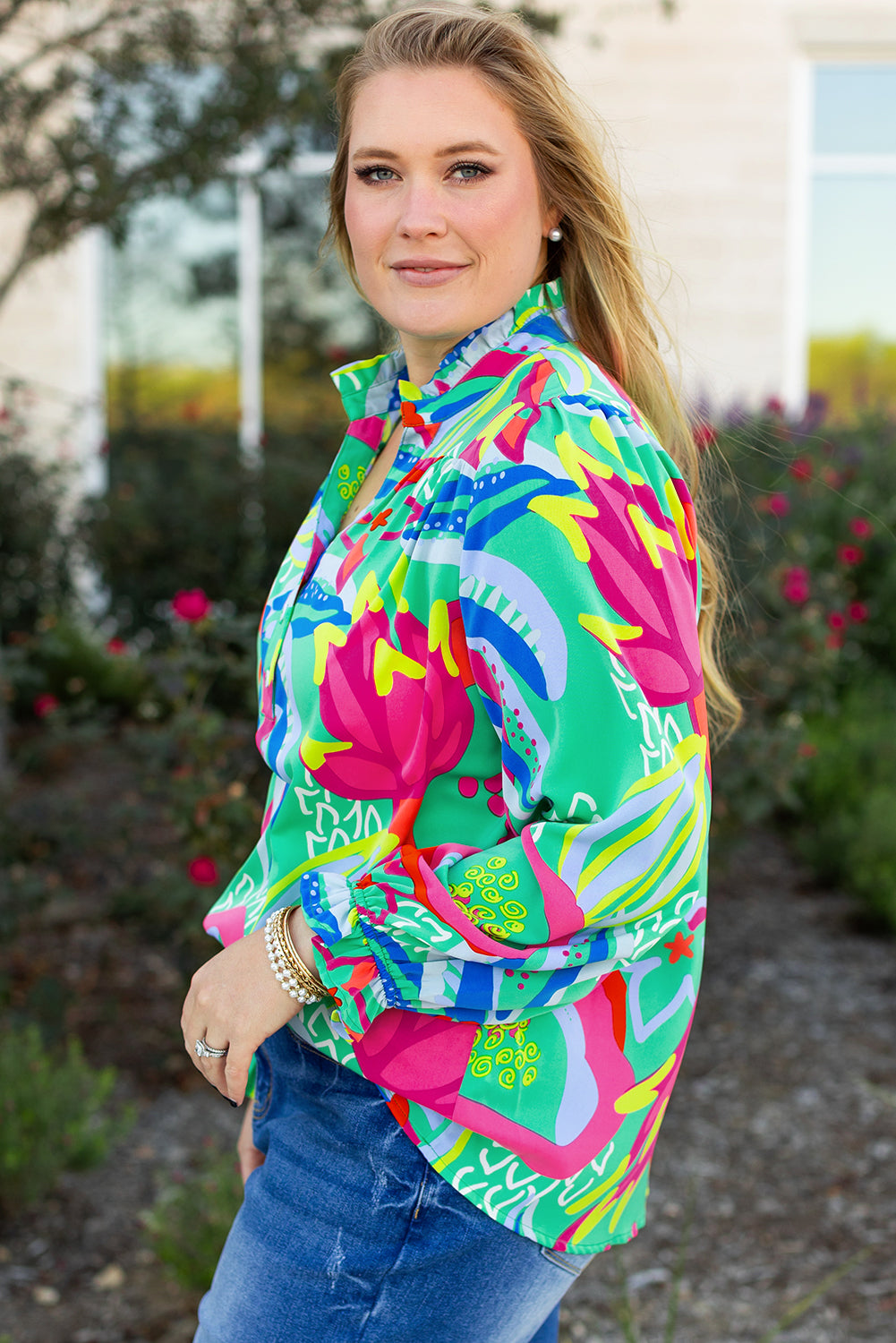 Green Abstract Printed Flounce Sleeve V Neck Buttoned Plus Size Blouse