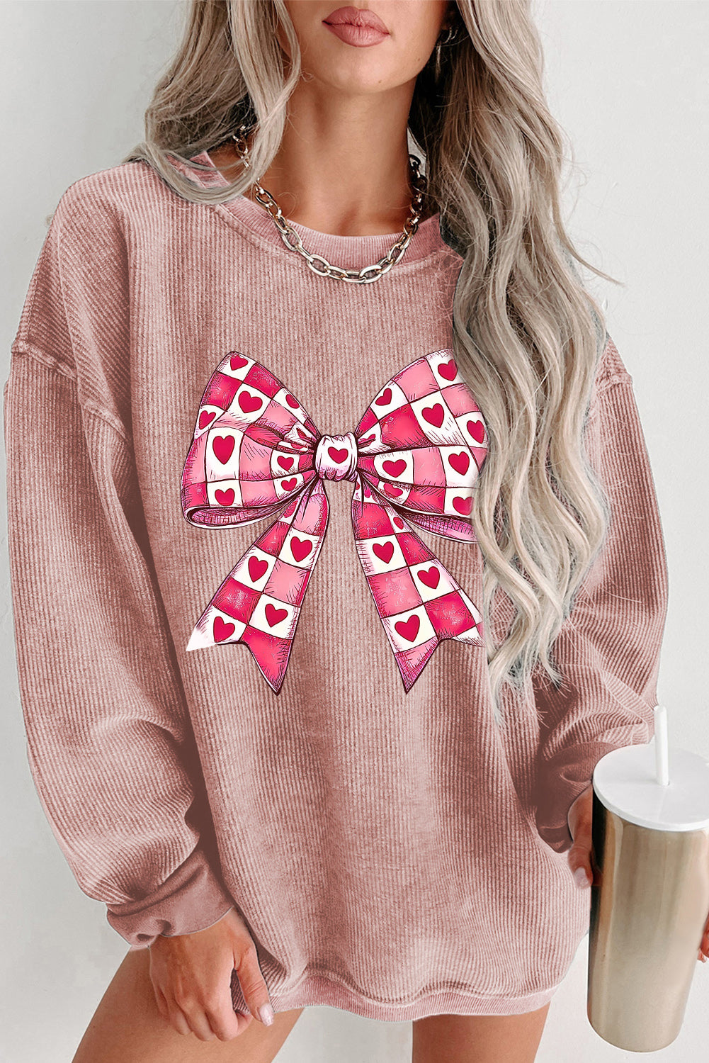 Pink Valentines Heart Checkered Bow Pattern Corded Baggy Sweatshirt