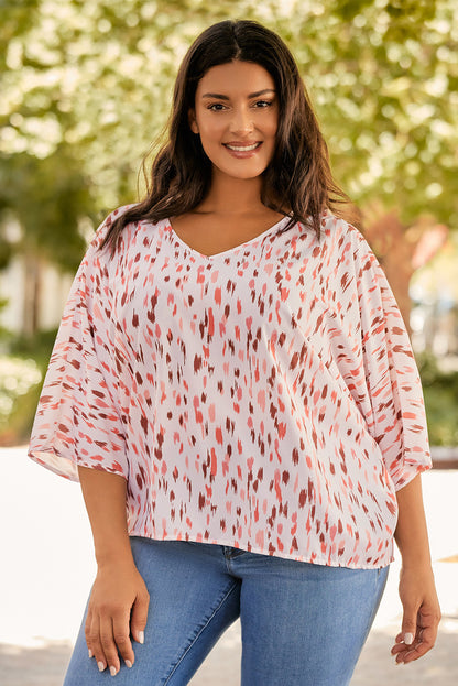 Pink Elegant Polka Dots 3/4 Dolman Sleeve Plus Size Blouse