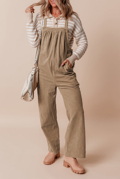 Gray Morn Plain Pocketed Loose Fit Corduroy Overalls