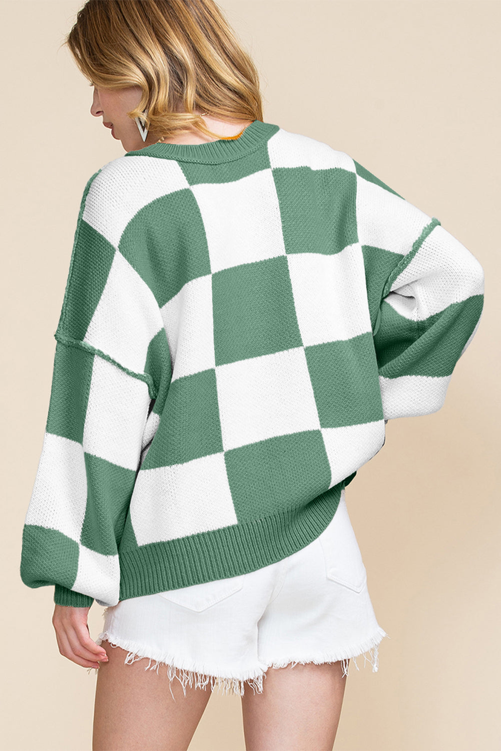 Pink Checkered Bishop Sleeve Sweater