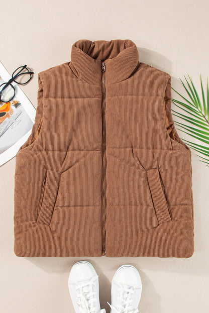 Jungle Green Solid Color Corduroy Puffer Vest Coat