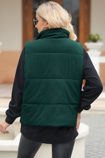 Jungle Green Solid Color Corduroy Puffer Vest Coat