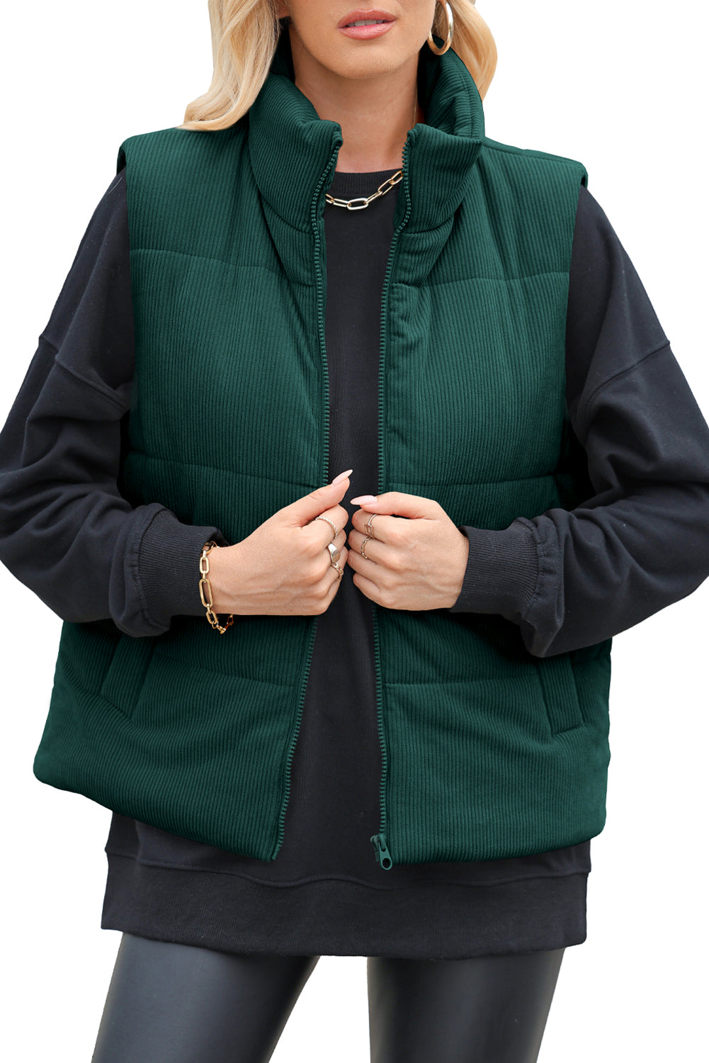 Jungle Green Solid Color Corduroy Puffer Vest Coat