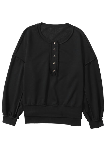 Black Slouchy Drop Shoulder Henley Sweatshirt