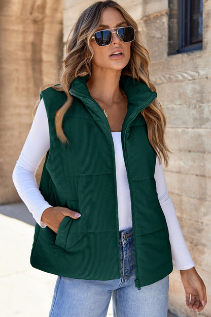 Jungle Green Solid Color Corduroy Puffer Vest Coat