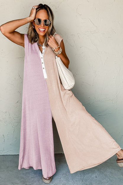 Parchment Color Block Corded Buttoned Super Wide Leg Jumpsuit