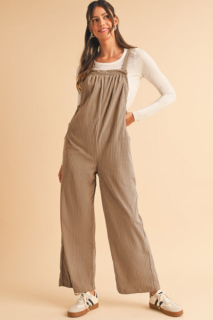 Gray Morn Plain Pocketed Loose Fit Corduroy Overalls