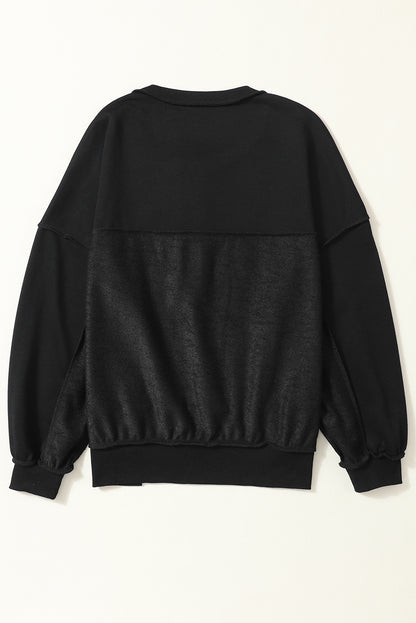 Black Slouchy Drop Shoulder Henley Sweatshirt