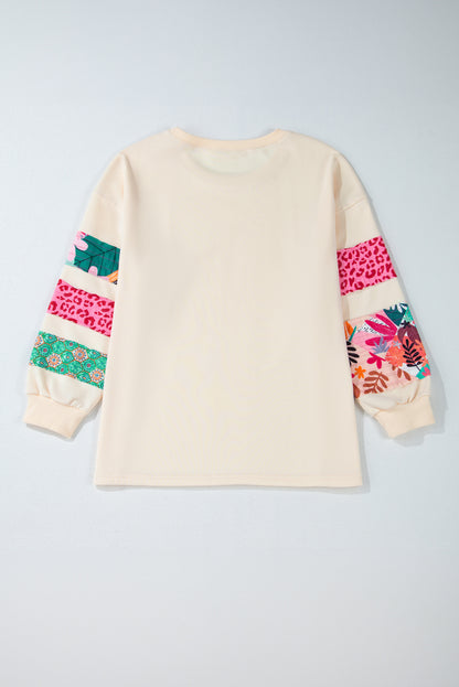 Rose Red Plus Size Printed Patchwork Sleeve Split Sweatshirt