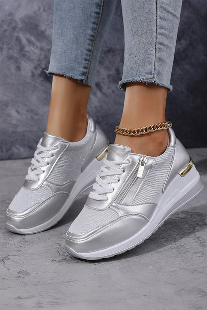 Gold PU Leather Patchwork Zipper Lace-up Sneakers