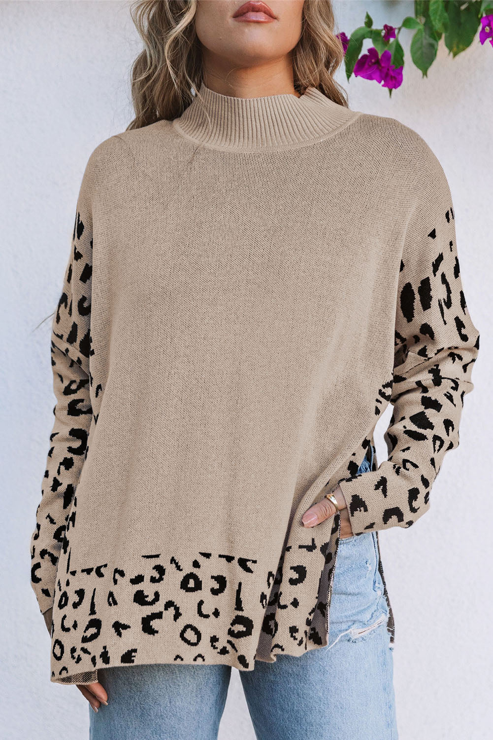 Gray Leopard High Neck Side Slit Oversized Sweater