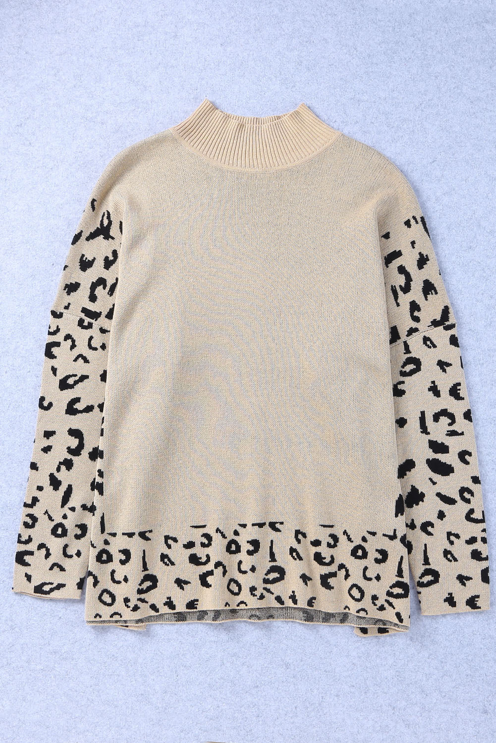 Gray Leopard High Neck Side Slit Oversized Sweater