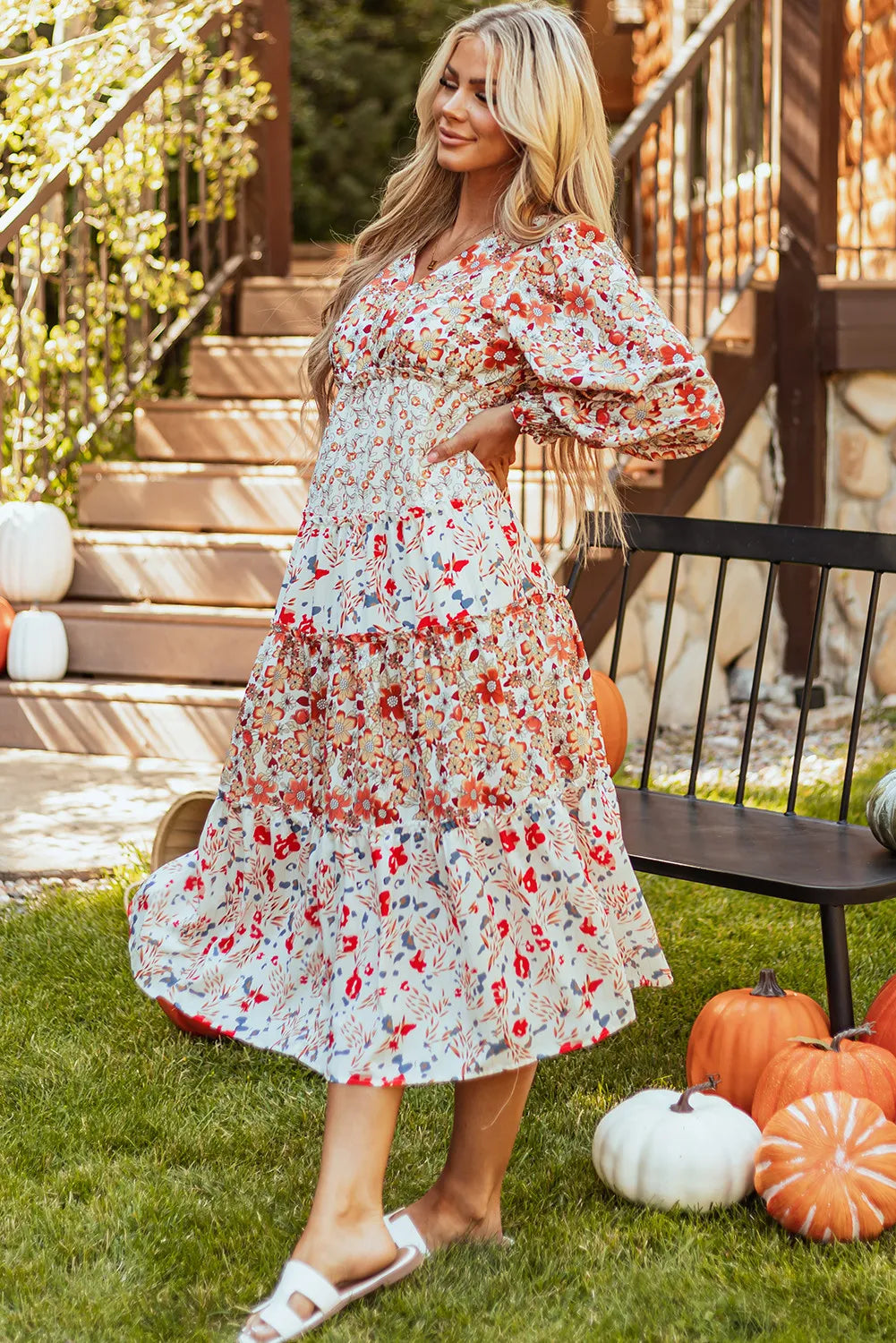 Full Size Printed V-Neck Lantern Sleeve Midi Dress