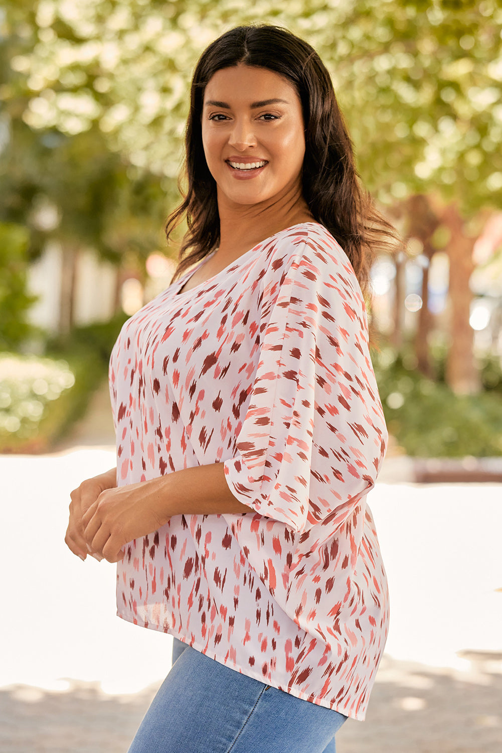 Pink Elegant Polka Dots 3/4 Dolman Sleeve Plus Size Blouse