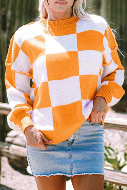 Pink Checkered Bishop Sleeve Sweater