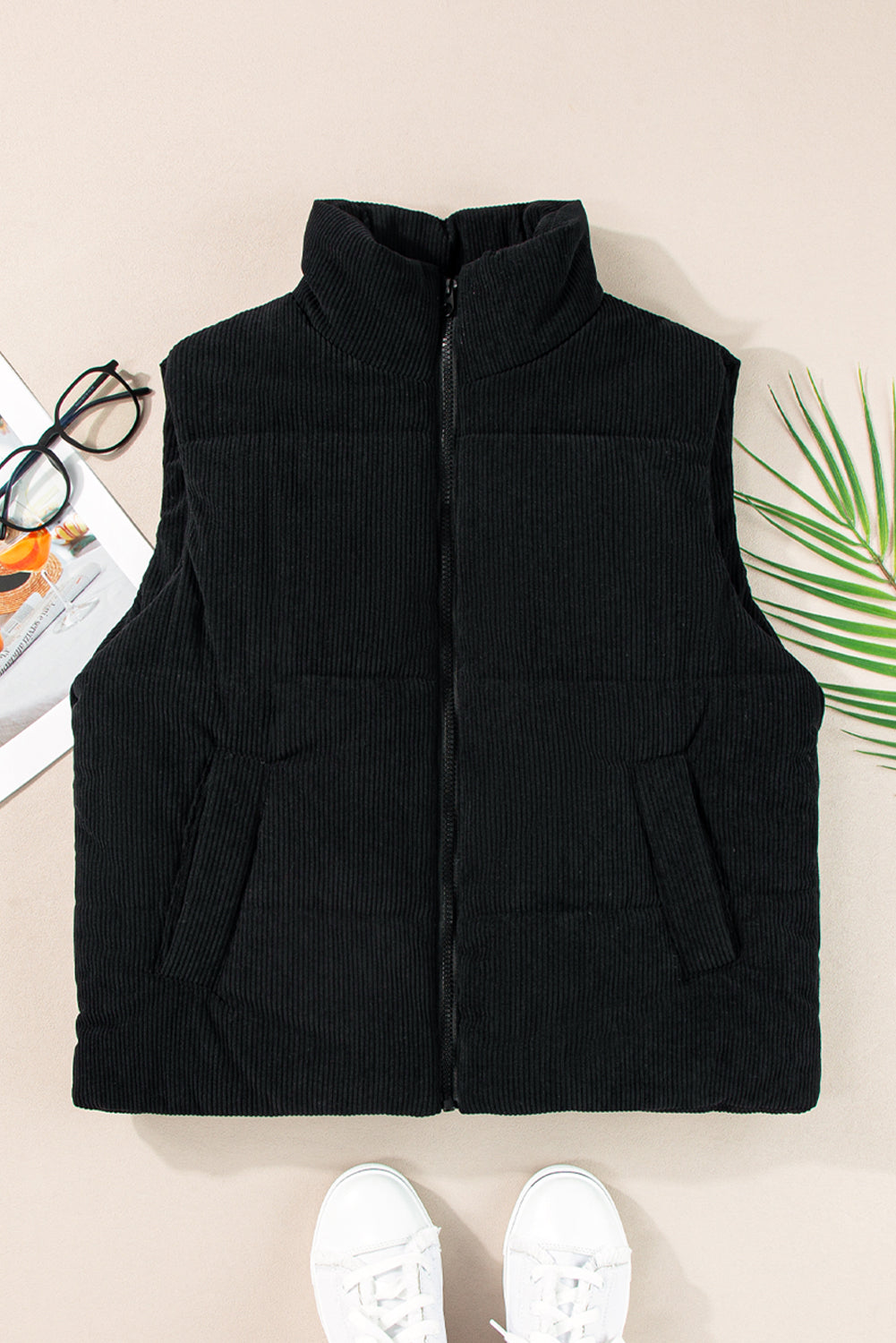 Jungle Green Solid Color Corduroy Puffer Vest Coat