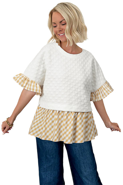 White Plaid Patchwork Half Sleeve Ruffle Round Neck Blouse