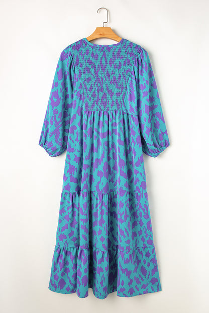 Green Abstract Print Puff Sleeve Tied Notched Neck Long Dress