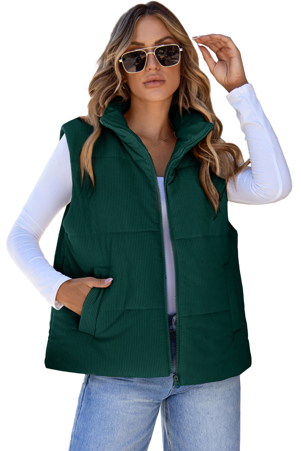 Jungle Green Solid Color Corduroy Puffer Vest Coat