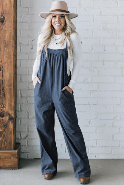 Gray Morn Plain Pocketed Loose Fit Corduroy Overalls