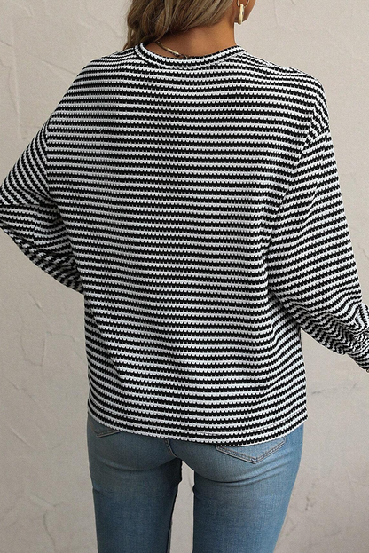 Rose Stripe Round Neck Drop Shoulder Long Sleeve Top