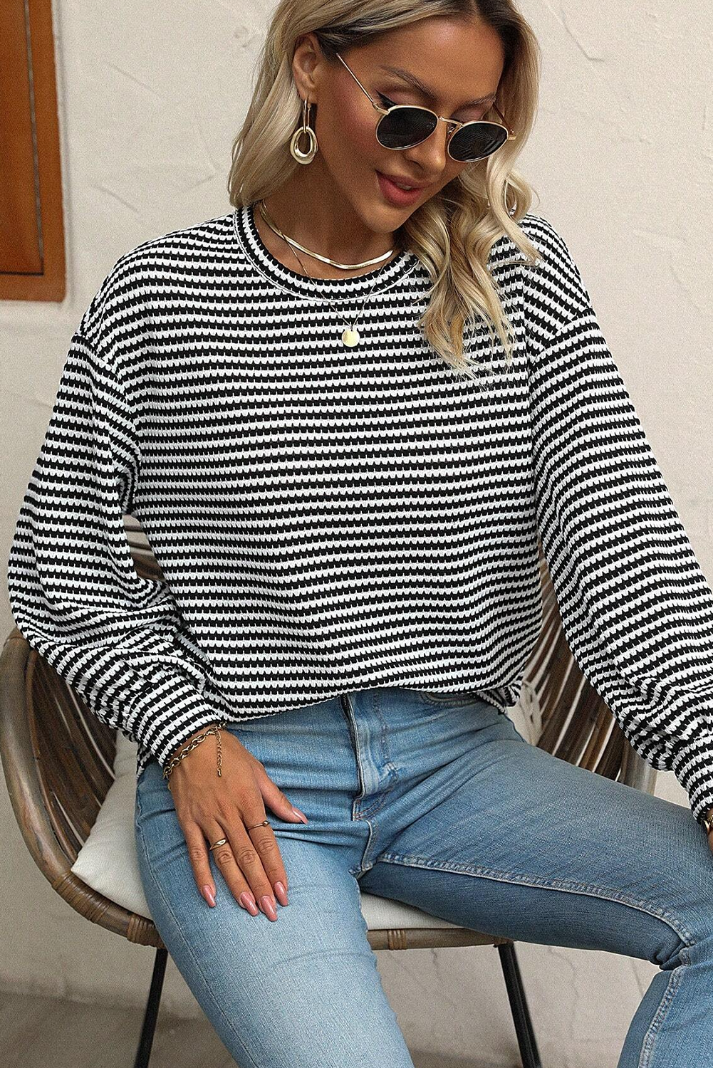 Rose Stripe Round Neck Drop Shoulder Long Sleeve Top