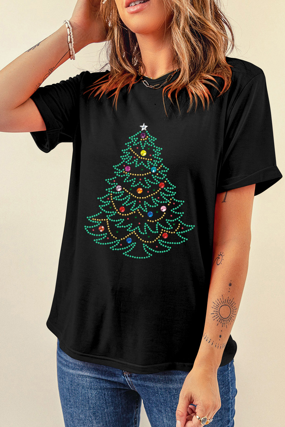 Black Rhinestone Christmas Tree Round Neck Graphic Tee