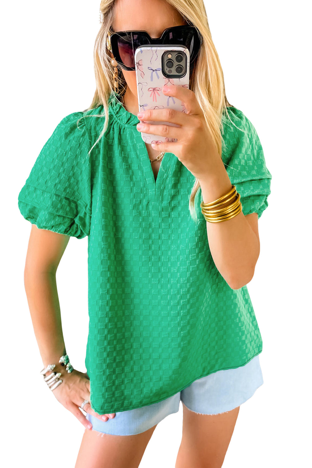 Bright Green Textured Puff Short Sleeve Notched V Neck Top