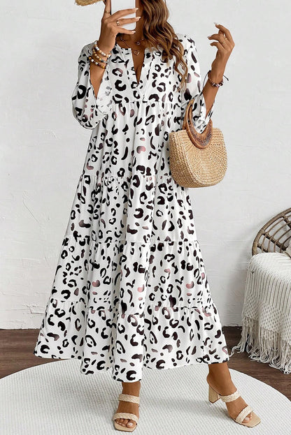 White Leopard Print Notch V Neck Loose Fit Maxi Dress