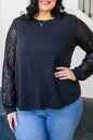 Black Sequin Contrast Long Sleeve Plus Size Top