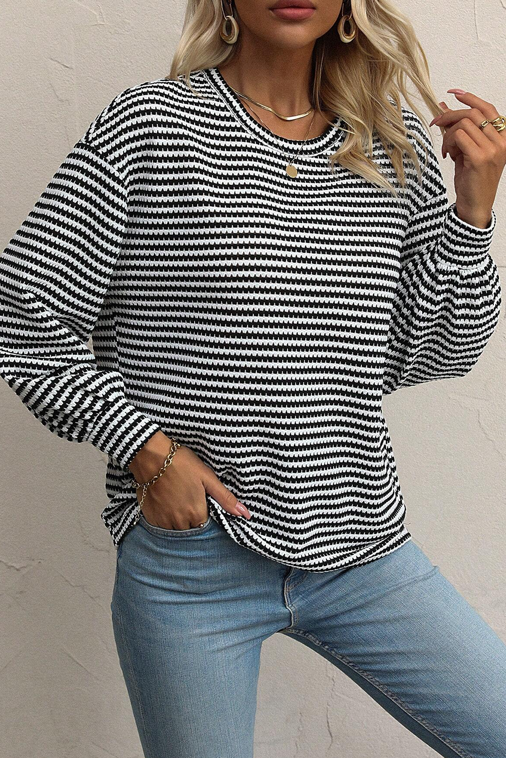 Rose Stripe Round Neck Drop Shoulder Long Sleeve Top