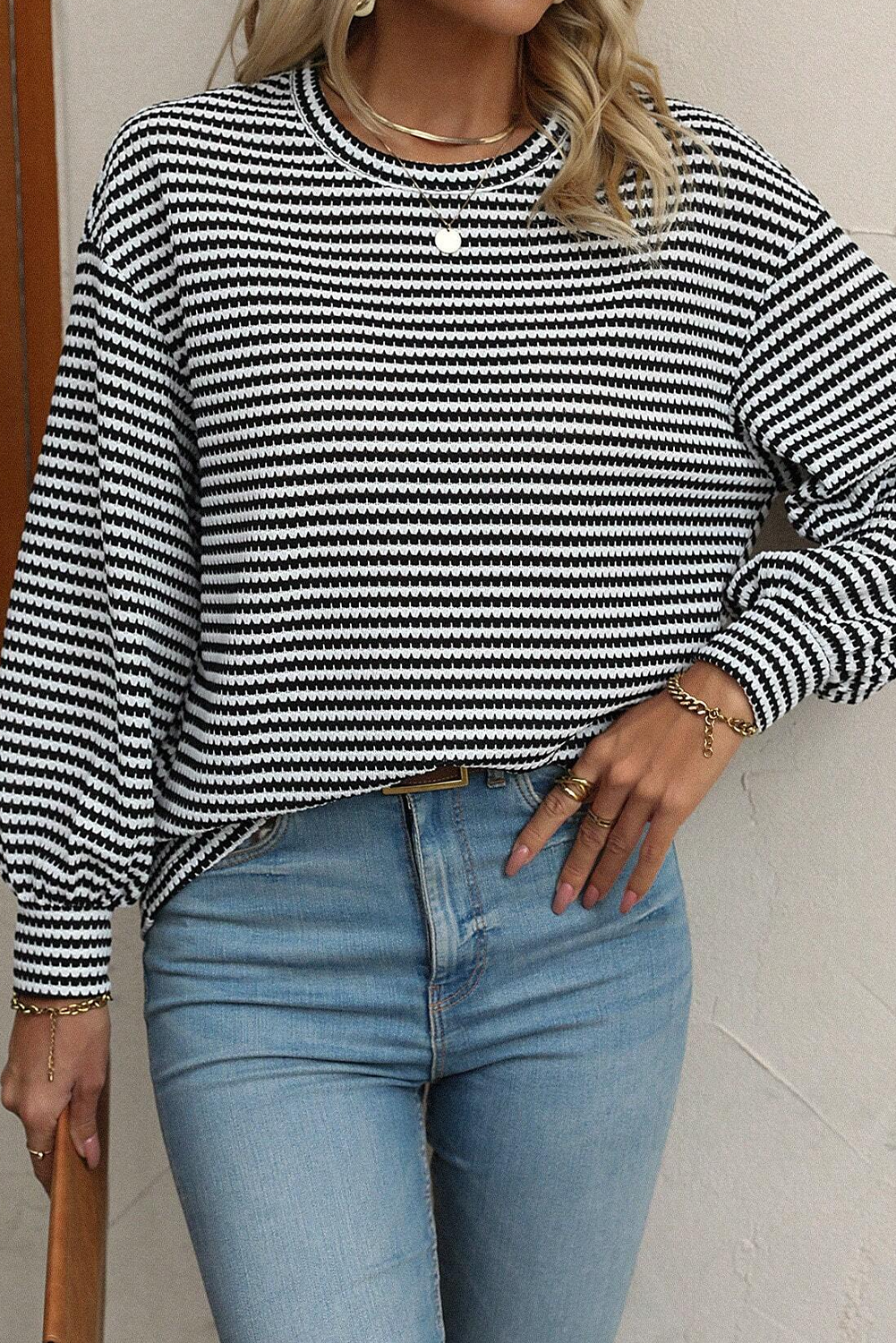 Rose Stripe Round Neck Drop Shoulder Long Sleeve Top